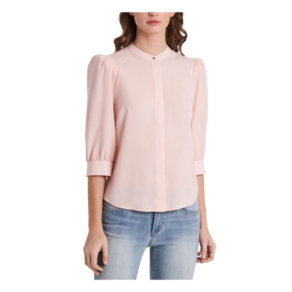 NWT RILEY&RAE Womens Pink Puff-shoulder High-neck 3/4 Sleeve Blouse XS